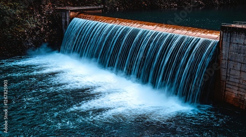 Waterfall cascading over dam, river, nature