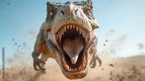 A ferocious T-Rex lunges towards the viewer with its mouth agape, capturing the raw power and primal instinct of one of nature’s fiercest predators.