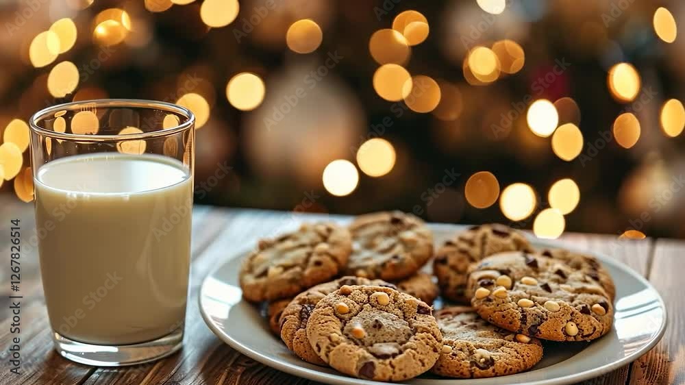 A plate of cookies with a glass of milk set out on Christmas Eve, creating a warm and festive tradition of waiting for Santa Claus. A plate of cookies with a glass of milk set out on Christmas Eve, creating a warm and festive tradition of waiting for Santa Claus.