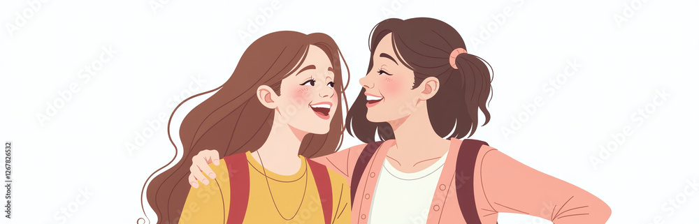 College Student Girls Smile And Bond With Each Other In A Carefree Moment, Isolated On A Simple White Background. 00001 College Student Girls Smile And Bond With Each Other In A Carefree Moment, Isolated On A Simple White Background. 00001