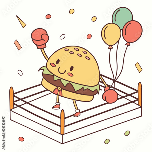 Cute animated burger with boxing gloves, standing confidently in the ring.
