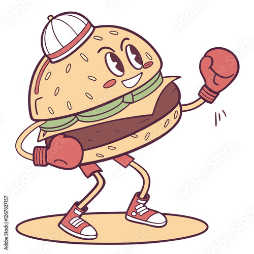 Winking burger character riding a skateboard while giving a peace sign.