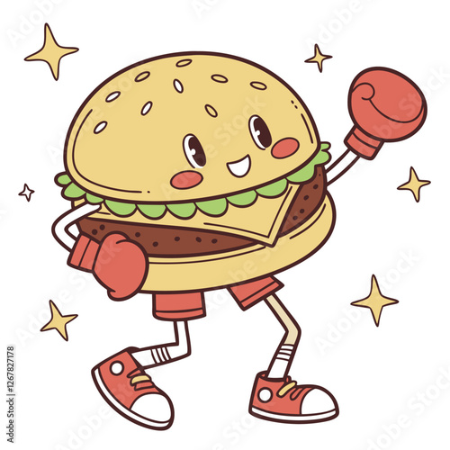 Cartoon burger zooming on a skateboard, full of excitement and energy.