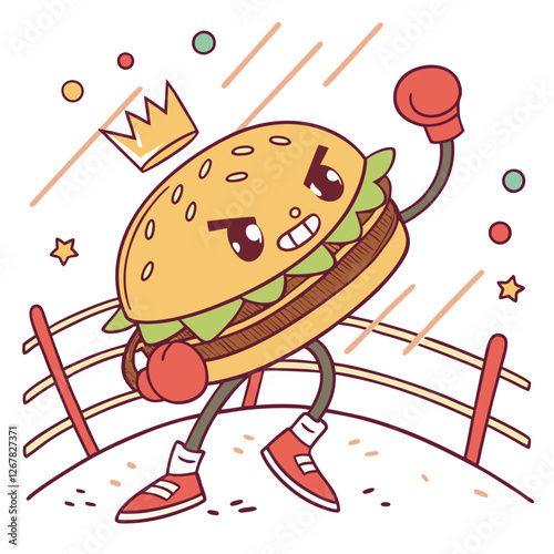 A lively cartoon burger wearing gloves and a crown, ready for action in the boxing ring.
