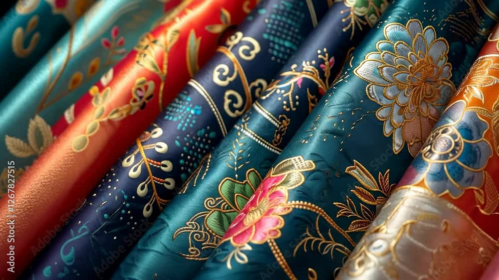 Close-up of traditional Chinese fabric featuring intricate patterns, symbolizing culture and festivity, ideal for Chinese New Year and heritage themes.