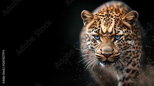 This captivating portrait of a leopard showcases its piercing blue eyes and beautiful coat, highlighting the essence of wild elegance and fierce beauty in nature.