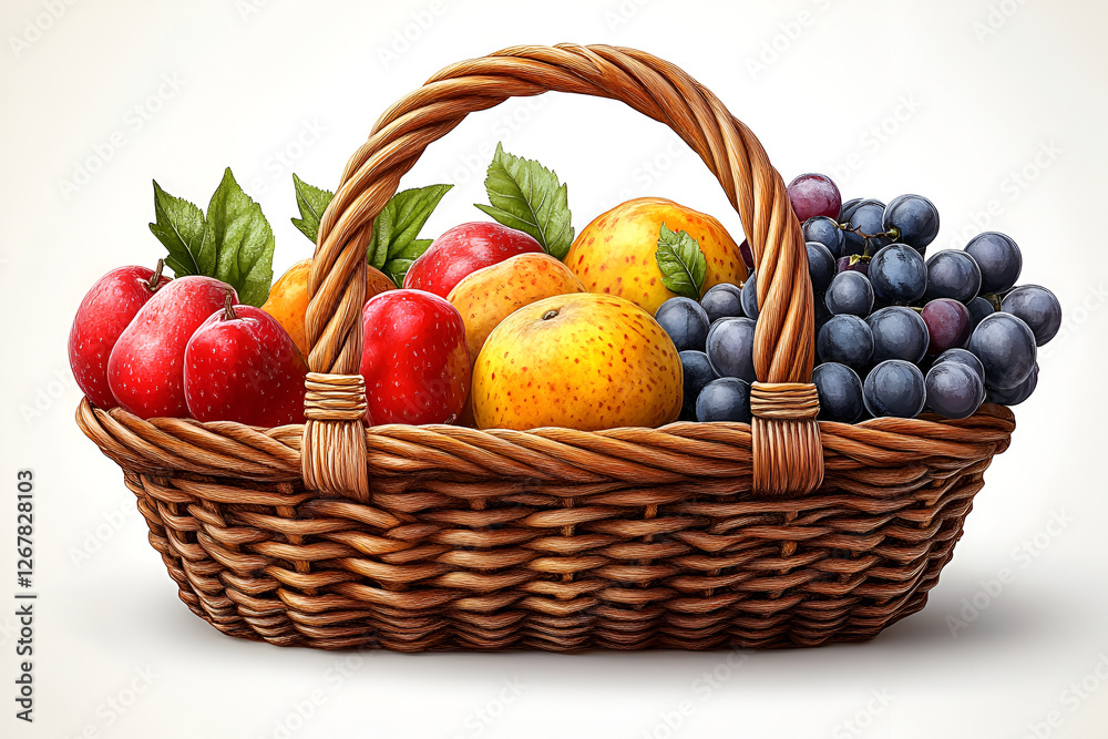 beautifully arranged basket of fresh apples, oranges, and grapes, showcasing vibrant colors and natural textures beautifully arranged basket of fresh apples, oranges, and grapes, showcasing vibrant colors and natural textures