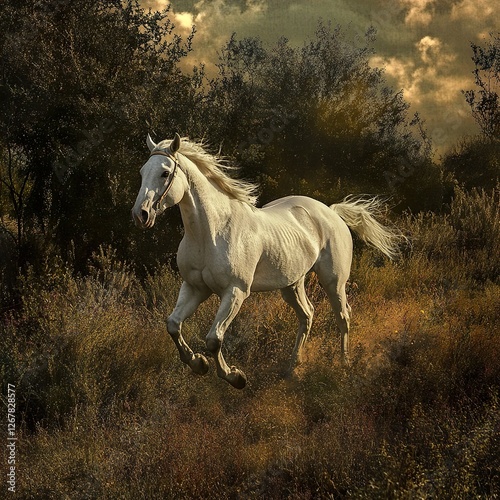 Majestic White Horse Running Free in Sunset Field