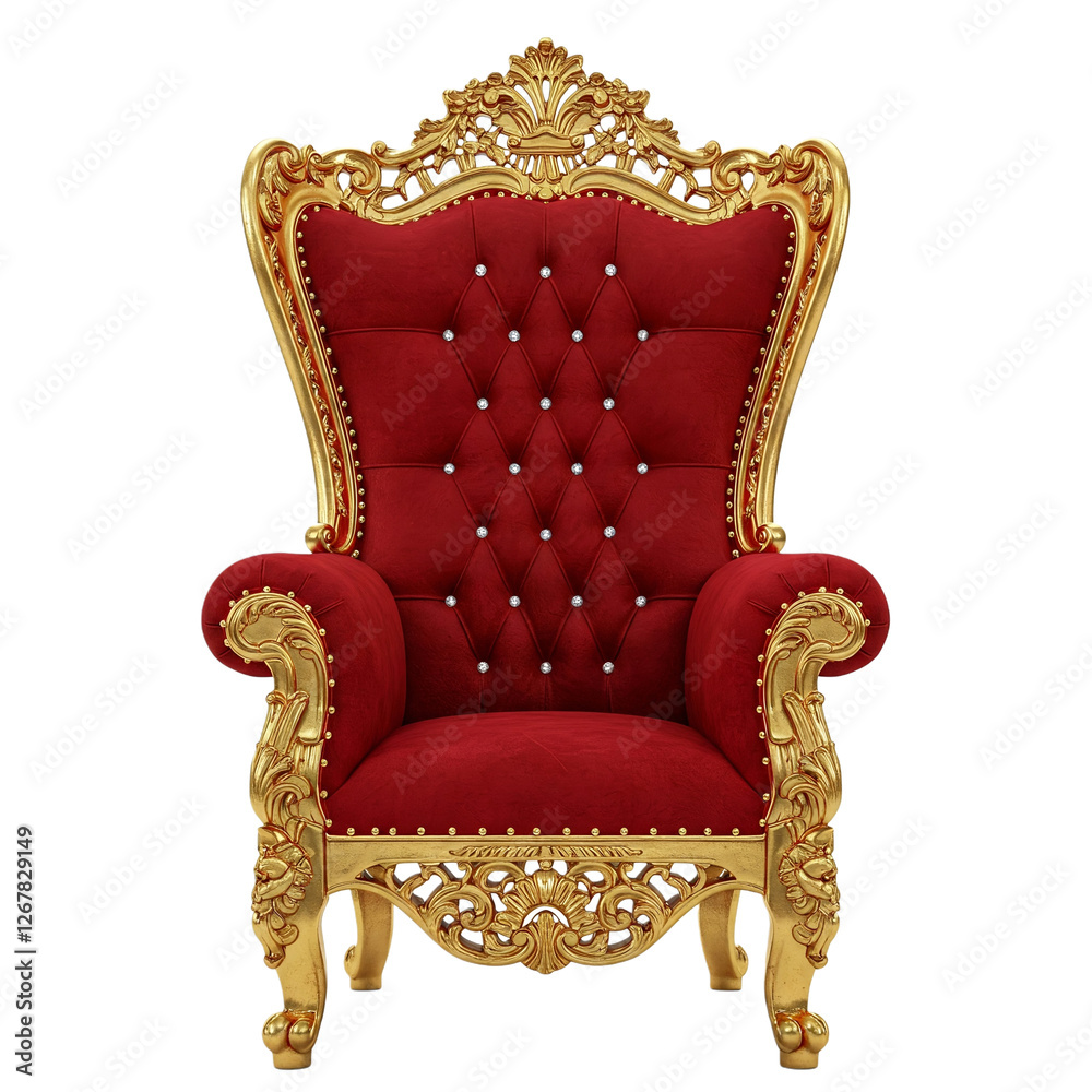 Opulent red and gold throne chair, exuding luxury and elegance, isolated on a pristine white background—perfect for royal, regal, or high-end design projects. Opulent red and gold throne chair, exuding luxury and elegance, isolated on a pristine white background—perfect for royal, regal, or high-end design projects.