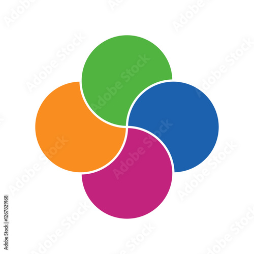 Colorful overlapping circles of infographic pie chart divided into 4 parts. Diagram, chart with 4 steps, options, parts, processes with colorful petals. Vector Illustration.