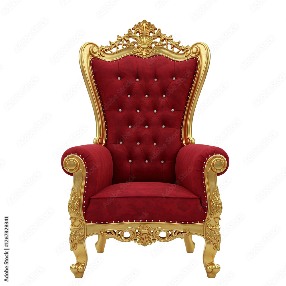 Opulent red and gold throne chair, exuding luxury and elegance, isolated on a pristine white background—perfect for royal, regal, or high-end design projects. Opulent red and gold throne chair, exuding luxury and elegance, isolated on a pristine white background—perfect for royal, regal, or high-end design projects.