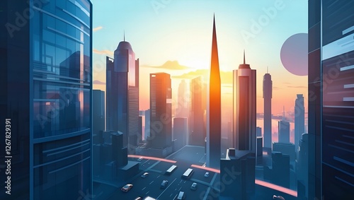 Futuristic city skyline at sunset with skyscrapers and golden reflections creating a modern and cinematic urban landscape for design and wallpapers.