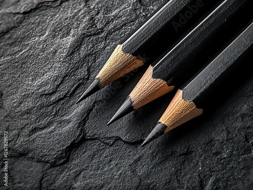 Close-up of three sharpened black pencils on textured background photo