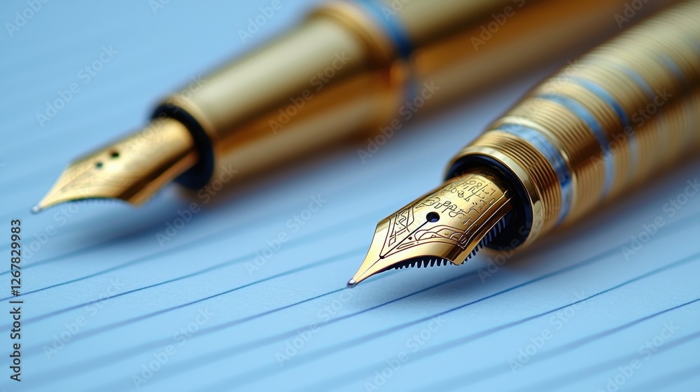 Two elegant fountain pens resting on lined paper. Two elegant fountain pens resting on lined paper.