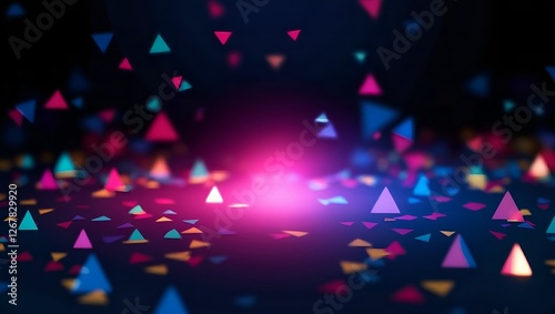 Glowing colorful triangles and particles floating on a dark futuristic background creating a vibrant abstract digital design perfect for technology and sci-fi themes.