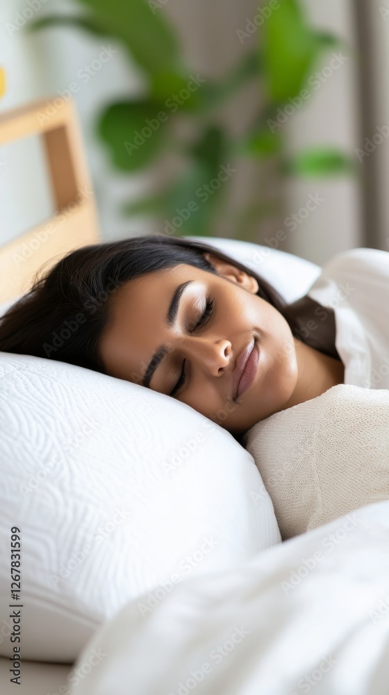 An Indian woman sleeping peacefully on a cozy bed. Indian woman sleeping on soft bed and serene environment. An Indian woman sleeping peacefully on a cozy bed. Indian woman sleeping on soft bed and serene environment.