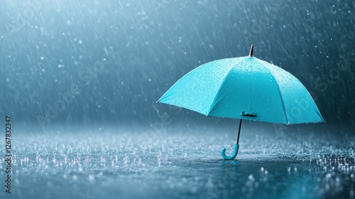 Wallpaper Mural An aesthetically pleasing blue umbrella catches bright water droplets, highlighting its simplicity and functionality in a rainy outdoor setting full of rich, soothing colors. Torontodigital.ca