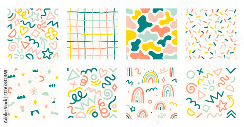 Set of fun colorful vector seamless pattern. Kid confetti background. Childish party celebration concept. Hand drawn design useful for fabric, textile, cover, banner, label, print, wrapping, wallpaper