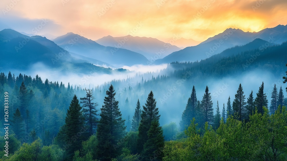 Fototapeta premium A foggy, natural at dawn, a misty fir woodland illuminated by the sun.