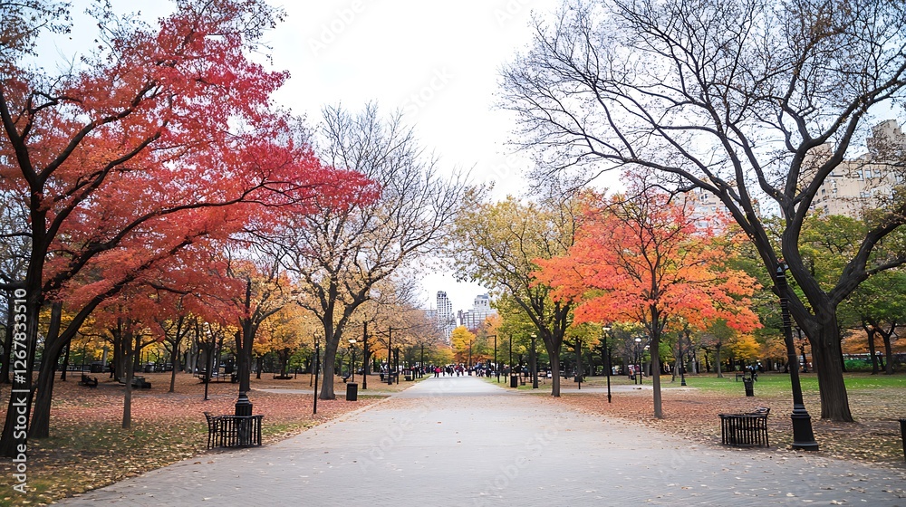 Naklejka premium Autumnal Park Path Scenic Fall Foliage Trees
