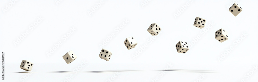 Scattered Dice Fall Through The Air, Isolated Against A Clean White Backdrop With Plenty Of Space Around Each Die. 00002 Scattered Dice Fall Through The Air, Isolated Against A Clean White Backdrop With Plenty Of Space Around Each Die. 00002