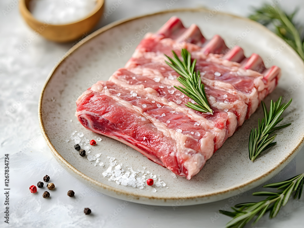 Elegant Raw Rack of Lamb With Trimmed Bones Garnished With Rosemary and Spices Ready for Culinary Preparation Elegant Raw Rack of Lamb With Trimmed Bones Garnished With Rosemary and Spices Ready for Culinary Preparation