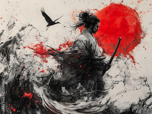 Drawing, brave samurai, with a sword in motion, in black and red tones,traditional Japanese landscape. On the old, vintage background. Generative Ai