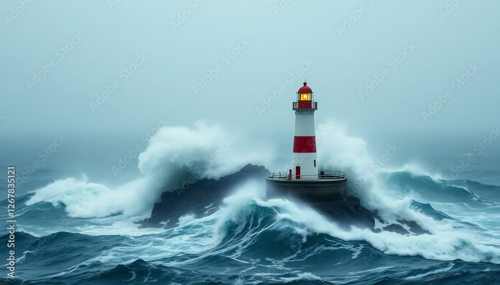 A Solitary Lighthouse Surrounded by Stormy Waves A Solitary Lighthouse Surrounded by Stormy Waves