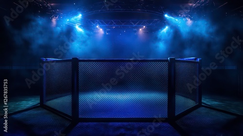 Empty MMA cage under blue spotlights photo