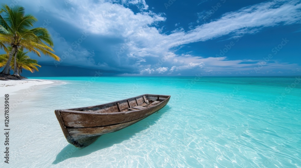 Naklejka premium A weathered wooden boat rests gently in clear waters along an idyllic coastline, capturing the essence of tranquility and the beauty of nature in a peaceful setting.