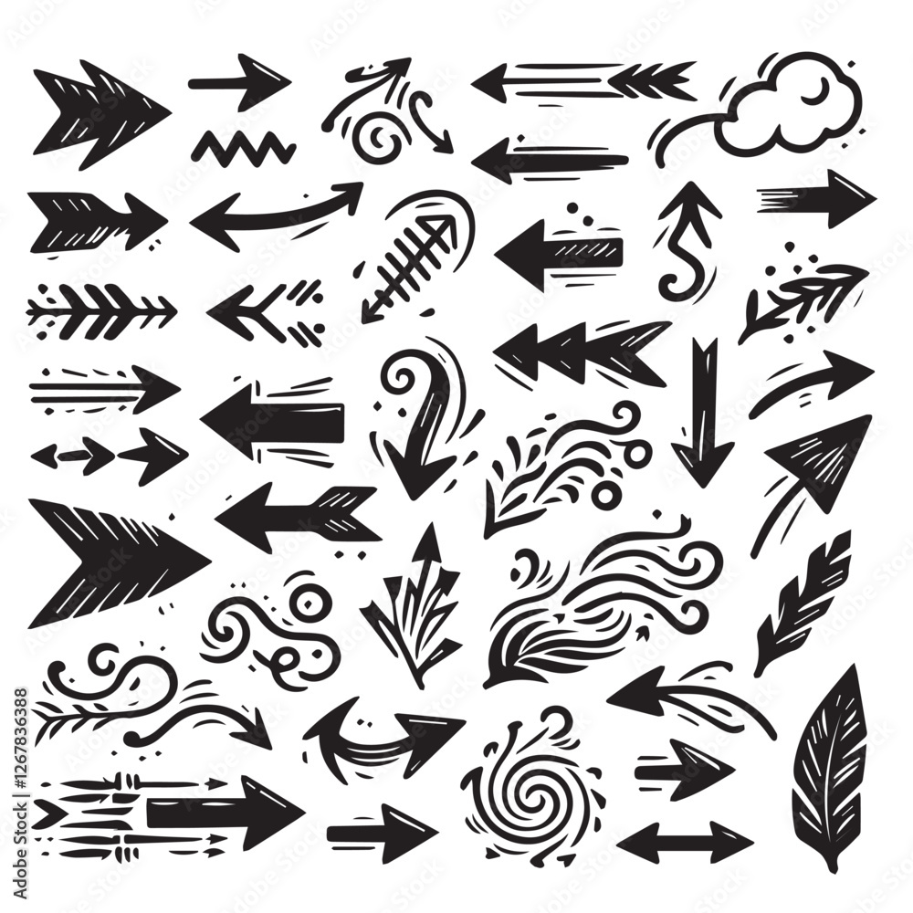 Pack of hand-drawn arrows vector illustration black color silhouette white background Pack of hand-drawn arrows vector illustration black color silhouette white background