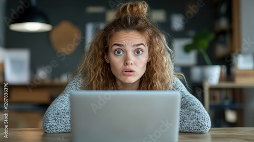 A surprised young woman gazes at her laptop with wide eyes, epitomizing the unexpectedness of modern life and digital communications in a cozy interior setting.