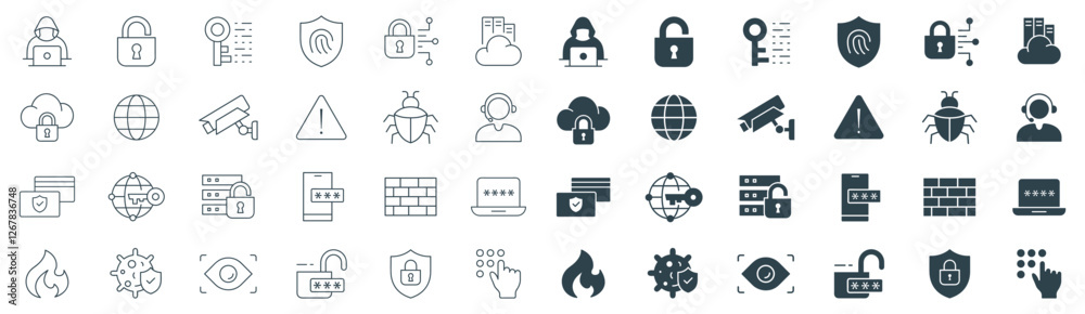 Cyber Security icon set vector in line and solid illustration