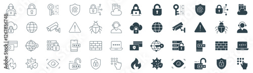 Cyber Security icon set vector in line and solid illustration