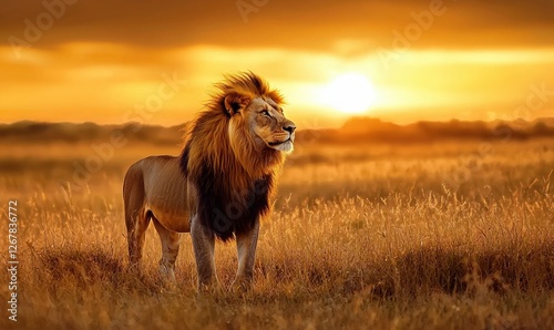 Fototapeta Naklejka Na Ścianę i Meble -  Majestic lion stands proudly in golden sunlit grass during sunset