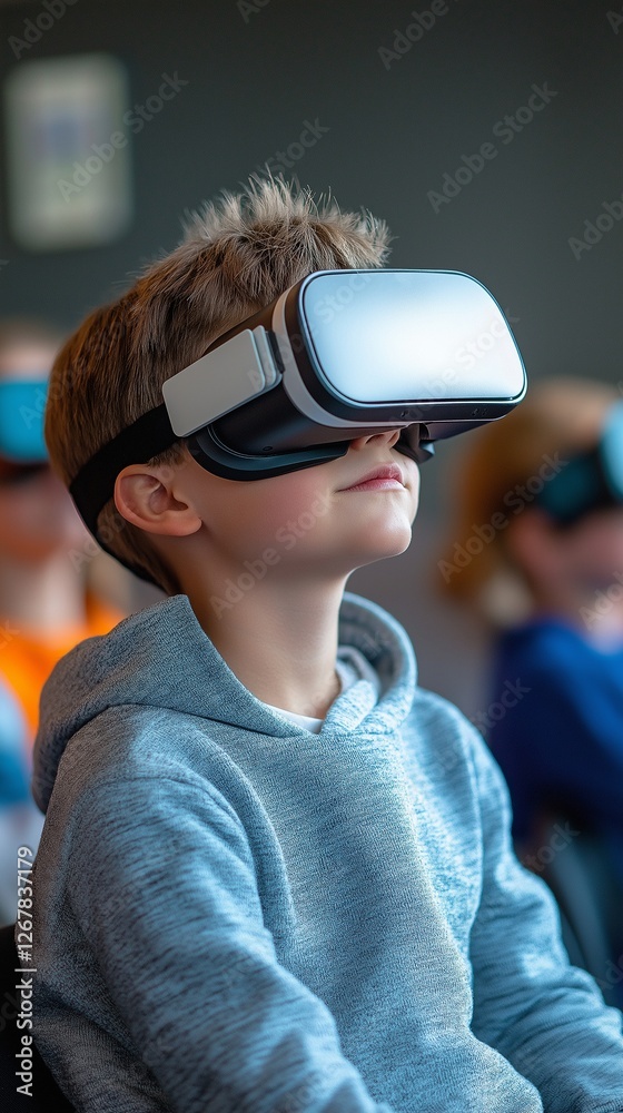 A boy in a classroom using a virtual reality headset to learn A boy in a classroom using a virtual reality headset to learn