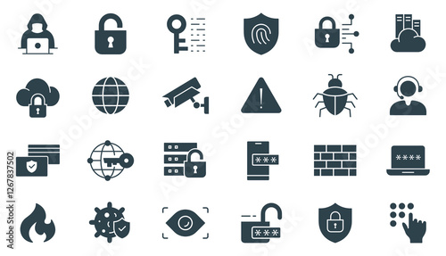 Cyber Security Solid Icon Set. Vector Illustration for Digital Protection, Data Privacy, Network, and online Safety icons