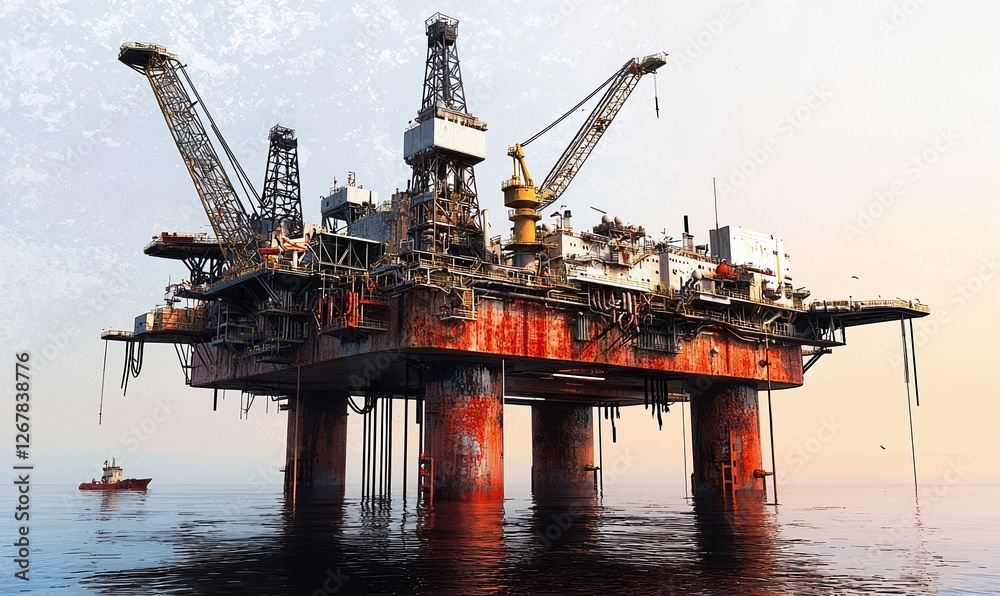 Oil rig stands tall in the ocean at sunset with boats nearby and calm waters Oil rig stands tall in the ocean at sunset with boats nearby and calm waters