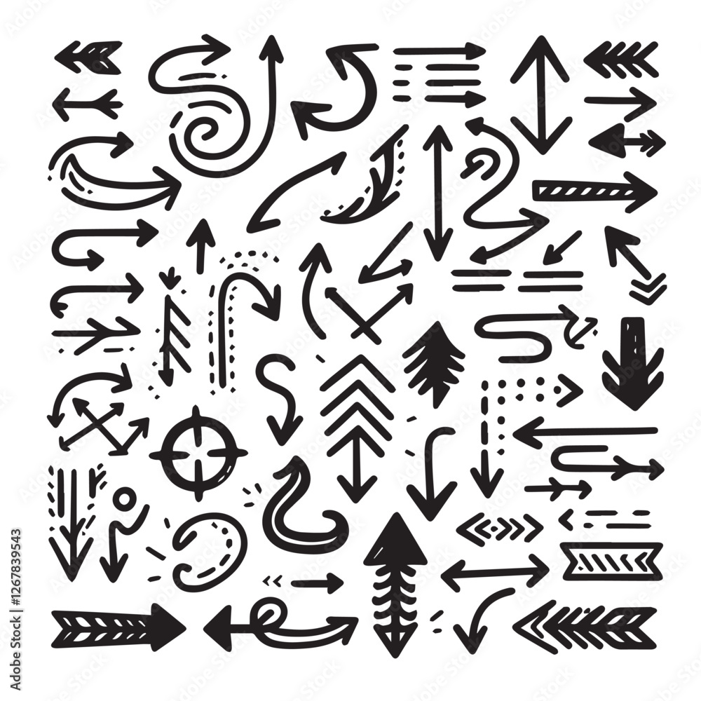Pack of hand-drawn arrows vector illustration black color silhouette white background Pack of hand-drawn arrows vector illustration black color silhouette white background