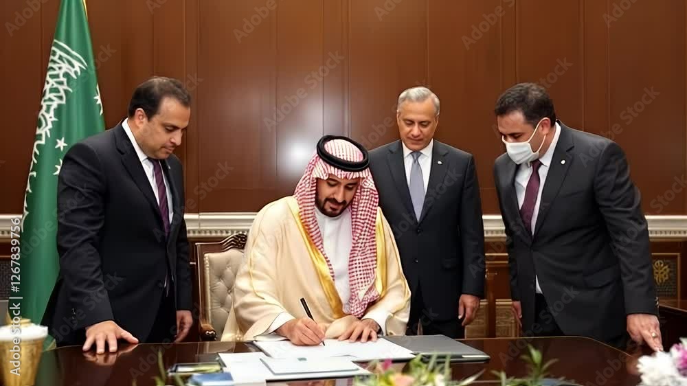 Saudi man signing an important agreement with delegates Saudi man signing an important agreement with delegates