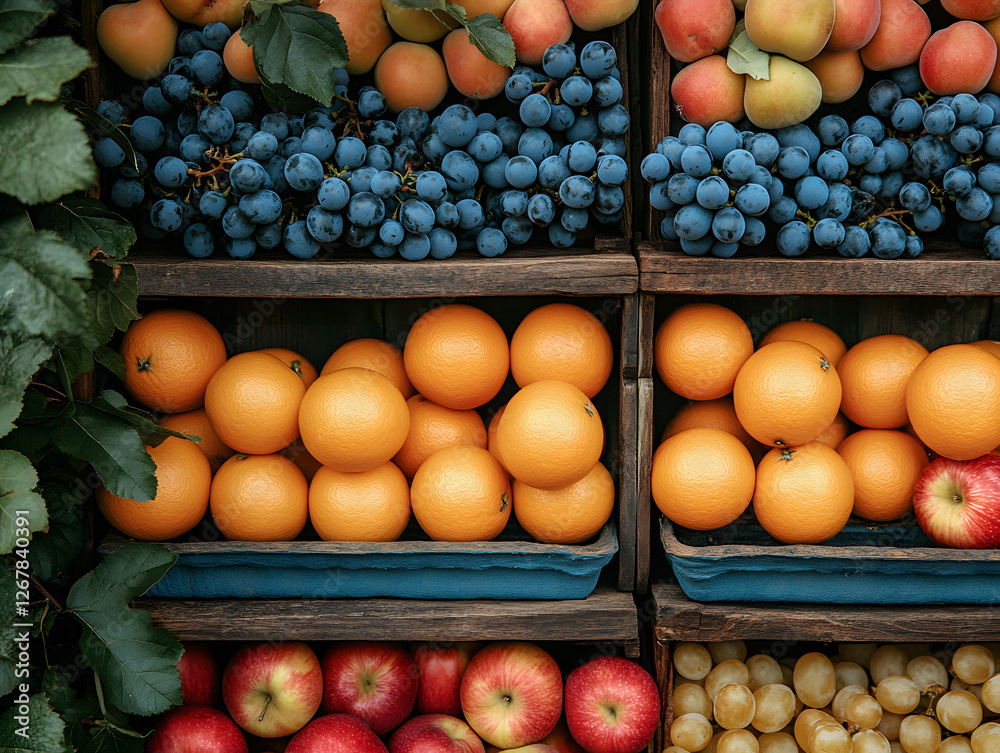Selection of Fresh Apples, Grapes, and Oranges Displayed on Wooden Shelves in a Market Setting Inviting Customers to Enjoy Seasonal Fruits Selection of Fresh Apples, Grapes, and Oranges Displayed on Wooden Shelves in a Market Setting Inviting Customers to Enjoy Seasonal Fruits
