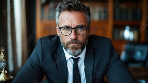 A confident and focused man in a suit sits in an office library, exuding a mix of professionalism and intellect, reinforcing his stature in a corporate environment.