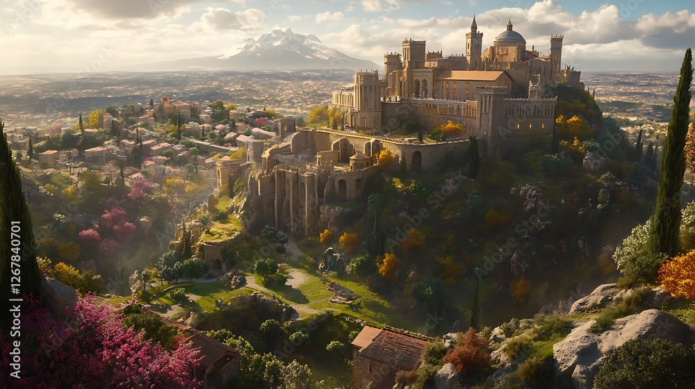 Fototapeta premium Ancient Citadel Nestled in a Lush Valley with Majestic Stone Walls, Historic Architecture, and Stunning Natural Scenery