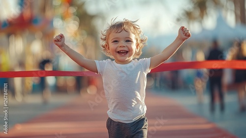 happy toddler boy finishing race crossing ribbon with arms up celebrating winning moment capturing childhood energy success and healthy outdoor sport activity