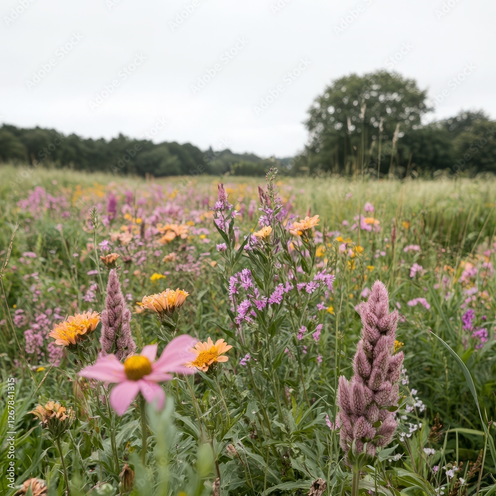 Colorful wildflowers field, nature scene, tranquil meadow, distant trees Colorful wildflowers field, nature scene, tranquil meadow, distant trees