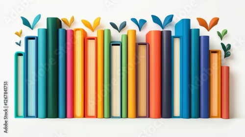 A vibrant collection of colorful books with decorative leaves on a white background.