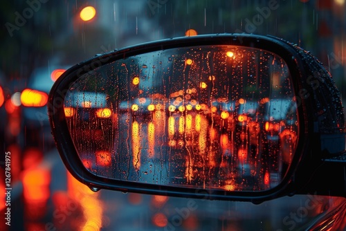 Stunning sunset reflected in car s rearview mirror  a close up perspective of nature s beauty photo