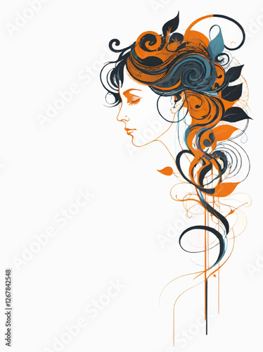 female head with floral elements and spiral lines decoration vector with wahite area for insertion photo