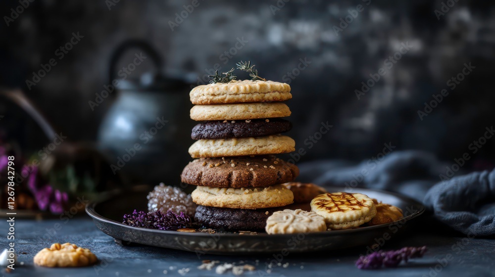 custom made wallpaper toronto digitalStacked cookies on dark tray, still life, homey background, food photography, dessert
