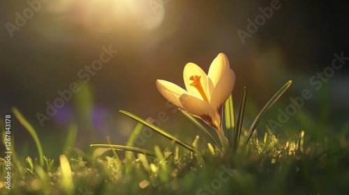 A close-up of a delicate crocus, with its bright yellow petals and intricate stamens, softly lit by the early spring sunshine, surrounded by fresh green grass